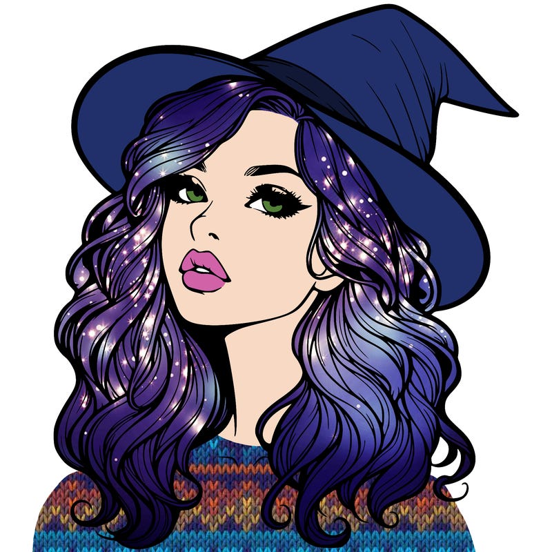 realistic witch girl with wavy hair and lips