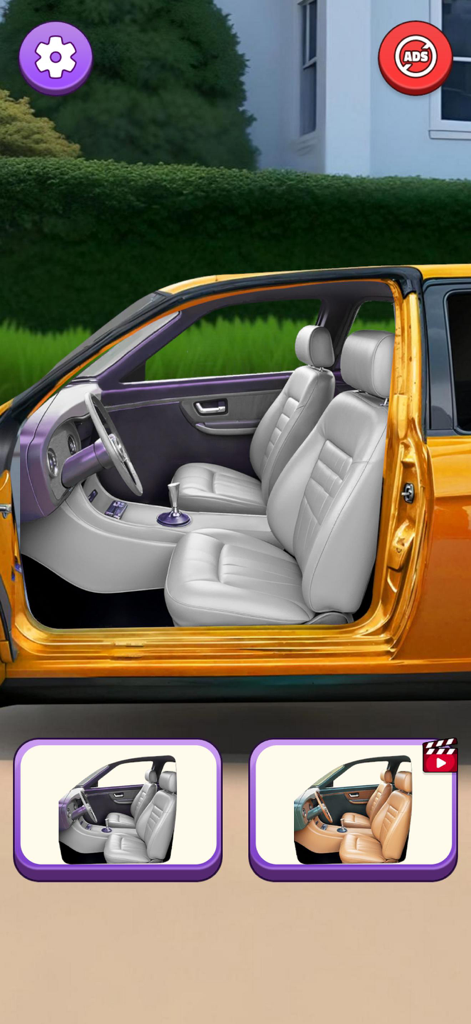 Car Satisfying: Cleaning ASMR - シートと室内装飾の車の内装カスタマイズオプションを表示するモバイルゲーム画面