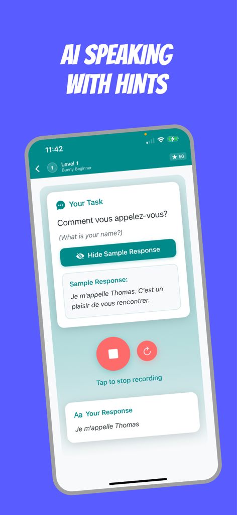 Frenchico - Learn French Fast - AI-powered speaking practice screen in the Frenchico app with a French conversation exercise.