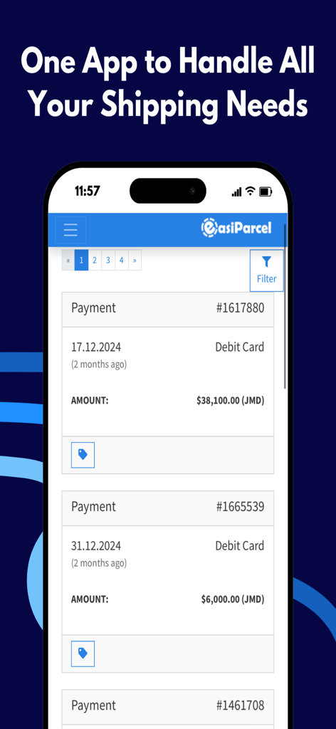 Easiparcel - Easiparcel mobile App-Oberfläche, die eine Liste der Versandzahlungs-Transaktionen und des Tracking-Verlaufs in JMD anzeigt