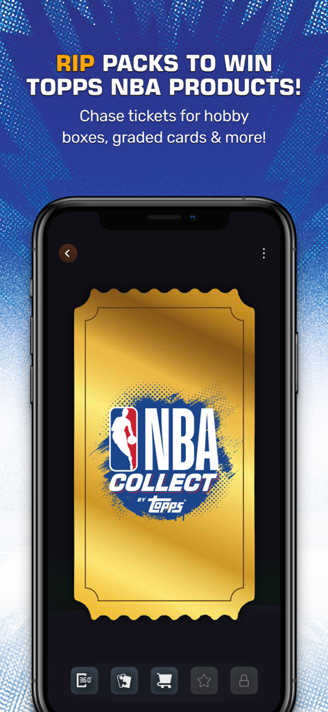 Captura de tela do aplicativo NBA Collect by Topps mostrando um bilhete dourado usado para ganhar produtos físicos da NBA