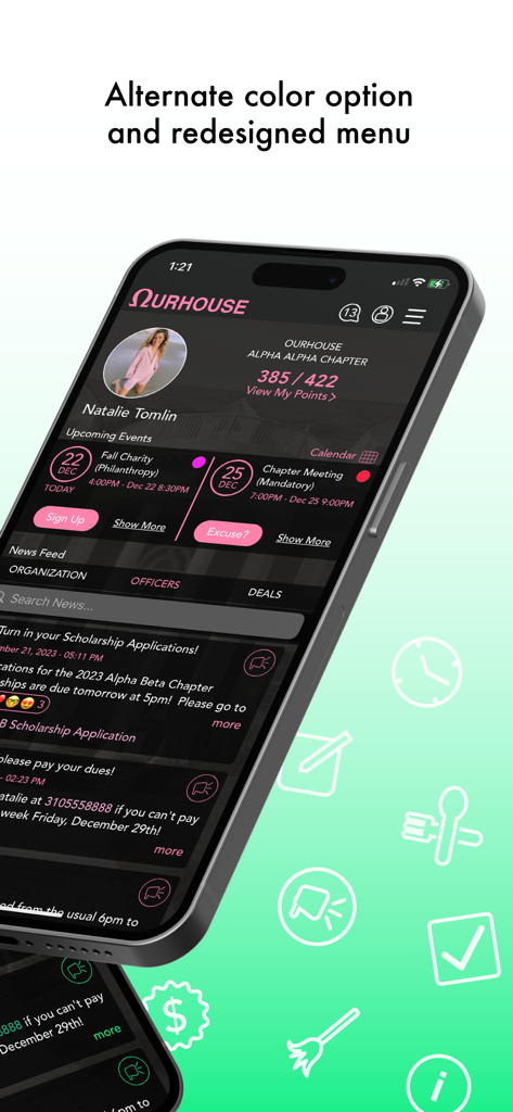 OurHouse - OurHouseアプリの再設計されたインターフェース。ギリシャ式チャプターメンバーのポイントと今後のイベントが表示されています。