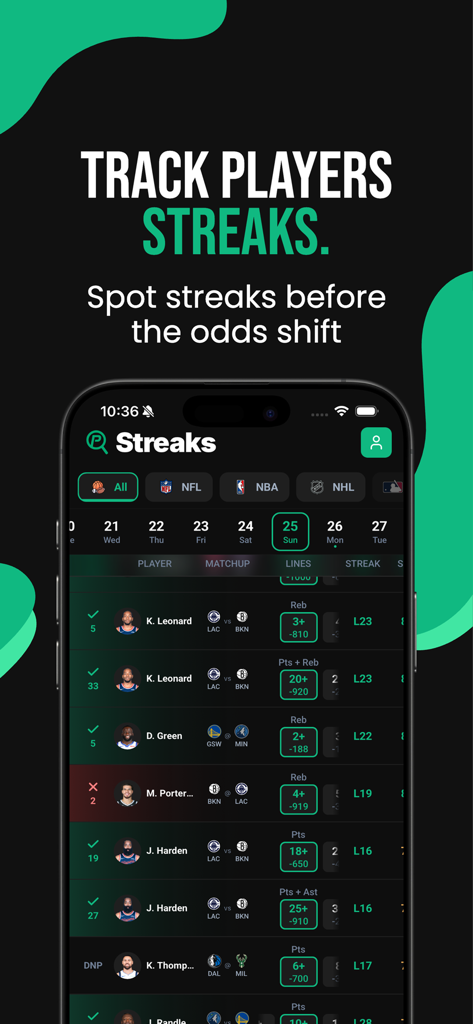 Interfaz de la aplicación ParlayLens mostrando rachas de jugadores para el análisis de apuestas de props.