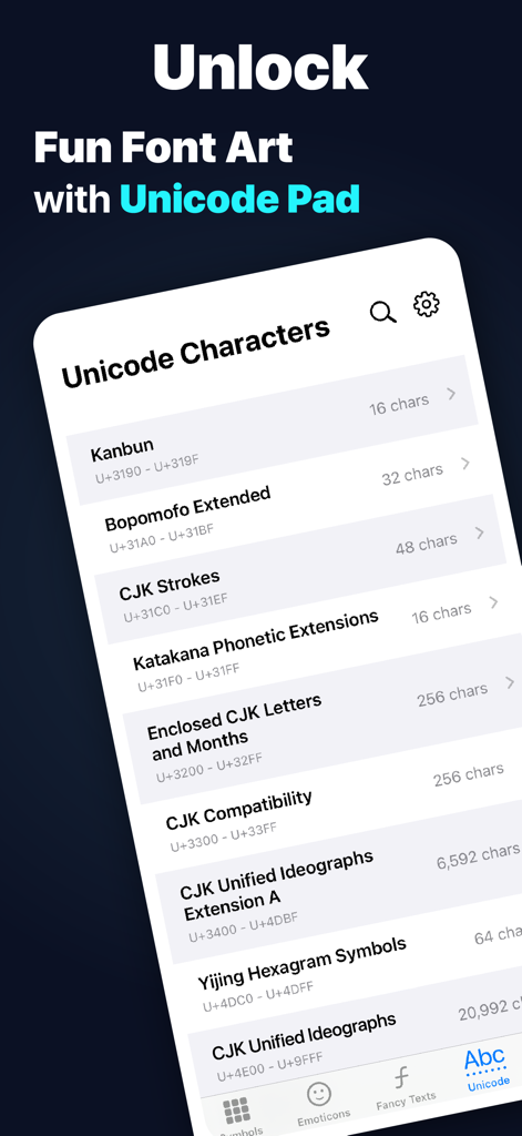 Écran de l'application mobile montrant un menu de catégories de caractères Unicode pour l'art de police personnalisé.