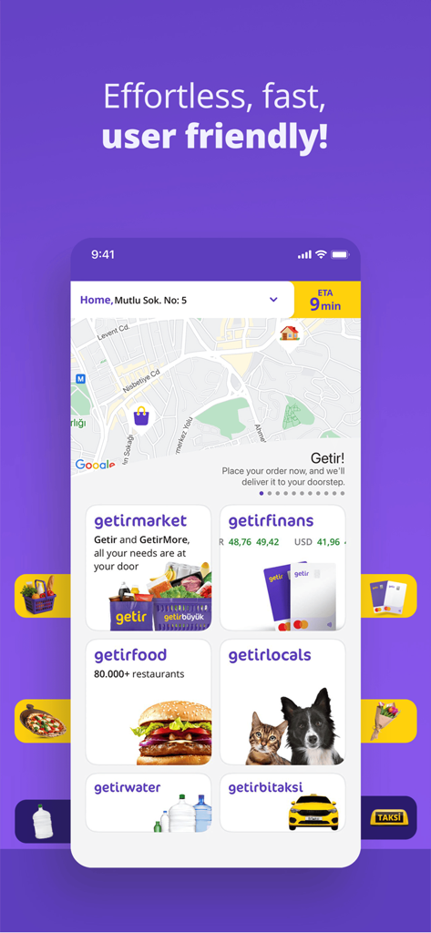 getir: groceries, food&beyond - 食料品、食品、金融サービスオプションを表示するGetirアプリのモバイル画面