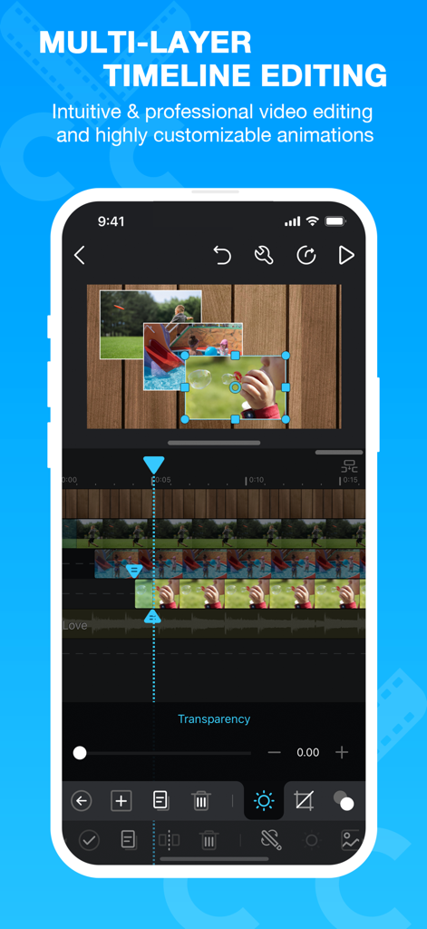 Captura de pantalla de la aplicación Cute CUT que muestra la interfaz de la línea de tiempo de edición de vídeo de múltiples capas con funciones de imagen en imagen