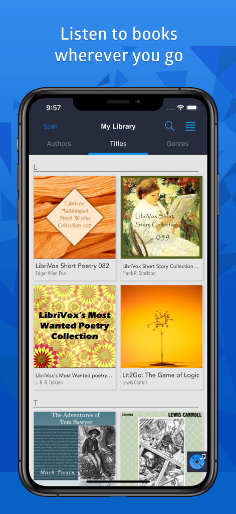 CloudBeats: audio book player - CloudBeats mobile app library screen showing a collection of audiobooks sorted by title