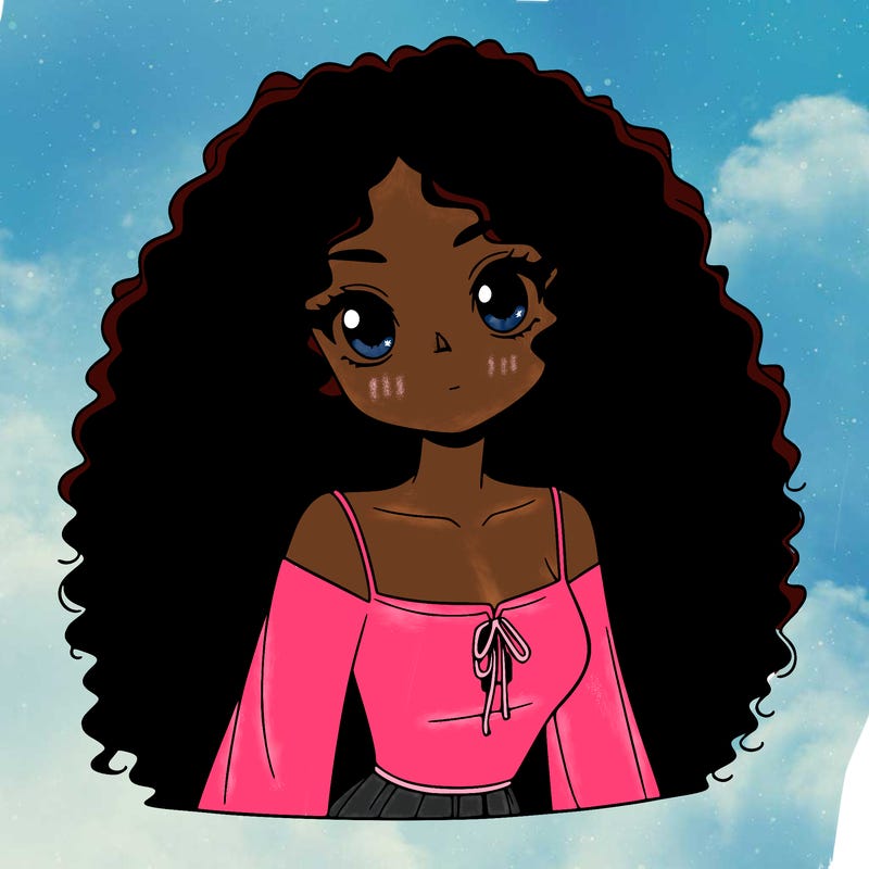 a black anime girl with long afro hair