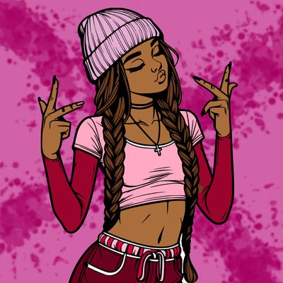 realistic teenage girl with braids and a beanie and crop top doing 🫶🏼