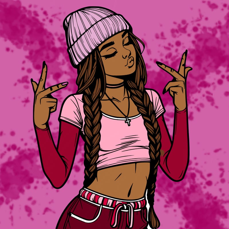 realistic teenage girl with braids and a beanie and crop top doing 🫶🏼