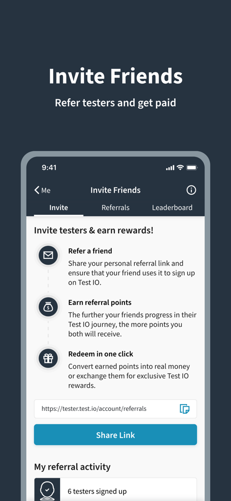 testNow - Crowdtesting - Pantalla que muestra el programa de referidos en la app testNow para invitar a nuevos testers a ganar puntos y dinero.