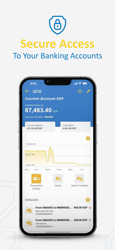 ABK-Egypt - A smartphone displaying the ABK-Egypt mobile banking app interface with a current account balance in EGP and recent transaction history under a secure access header.