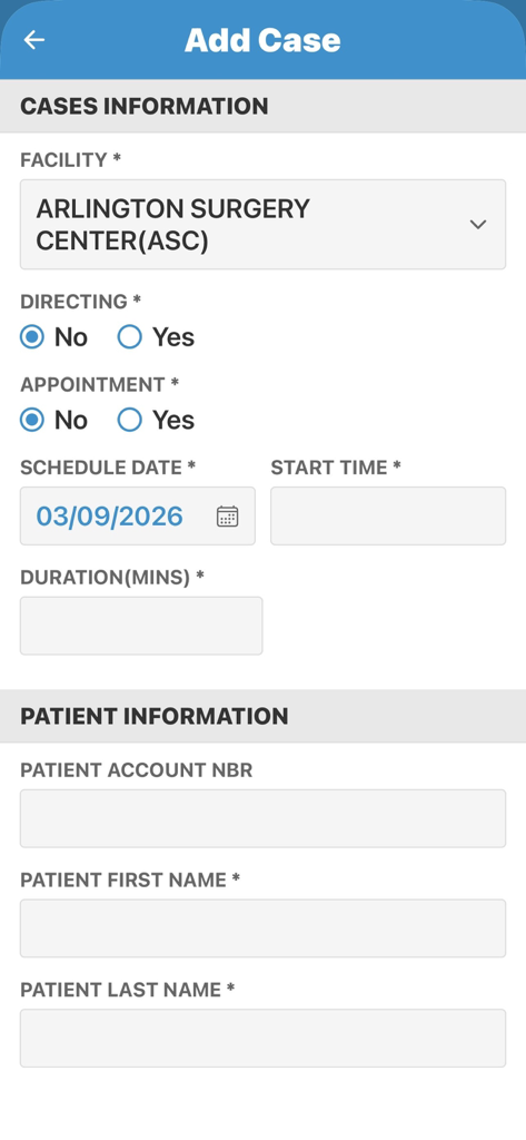 Vertex Medical Solutions - Mobile interface of the Vertex Medical Solutions app showing the Add Case form with patient and facility information fields
