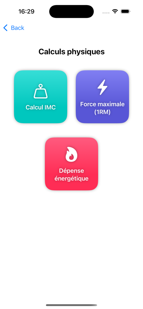 EPS Muscu AI - Interfaz de la aplicación EPS Muscu AI que muestra herramientas de cálculo para IMC, una repetición máxima y gasto energético.