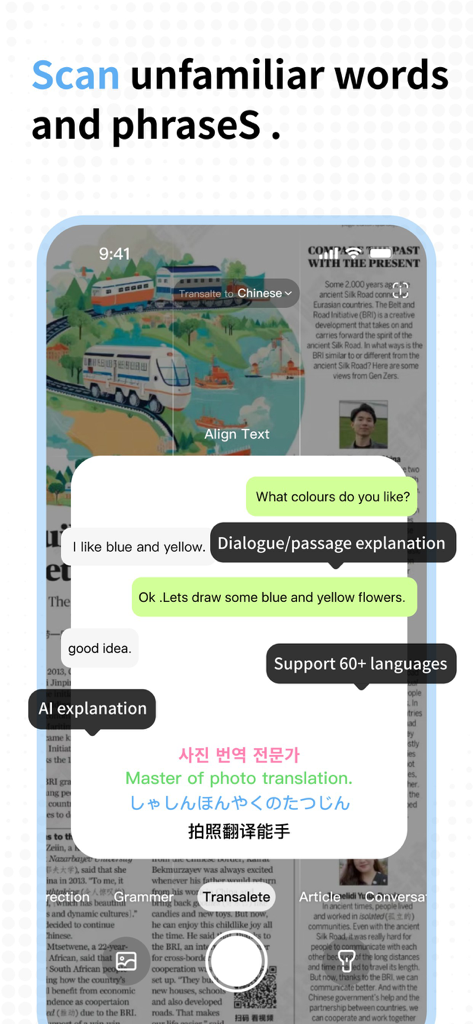 TalkAI-Language Speaking - Smartphone interface of TalkAI app showing photo translation and word scanning feature with AI explanations.