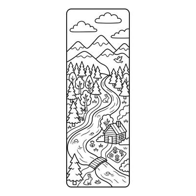 Delight your child with this charming landscape bookmark coloring page, featuring a serene mountain and forest river scene. Perfect for kids aged 4-8, it offers engaging details like a cozy cabin, playful animals, and a winding river to bring to life with color.