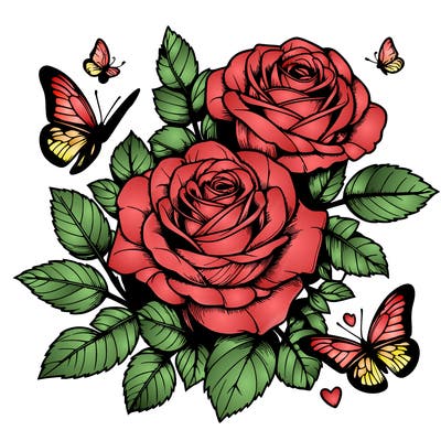 realistic roses with butterflies flying around them