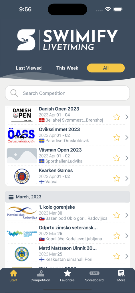 Swimify Livetiming mobile app interface showing a list of swimming competitions with search functionality and date categories