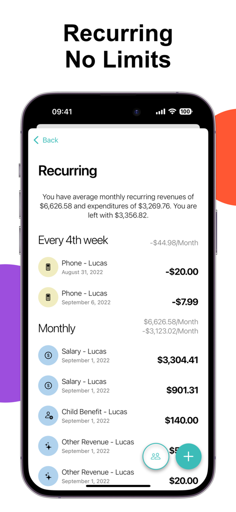 Budget & Expense Tracker Monee - Budget and Expense Tracker Monee interface showing a list of recurring monthly income and expenses on an iPhone.