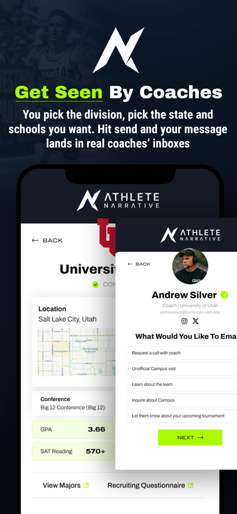 Athlete Narrative - Athlete Narrative app interface showing college profiles and direct coach contact options for student athletes