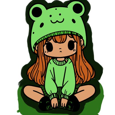 a girl wearing a frog hat and some frog socks