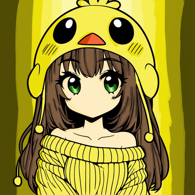 anime girl with chick shaped hat with sweater with bare shoulders with bangs covering them one eye with low tail