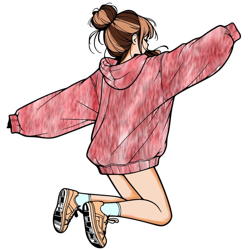 realistic girl jumping with a bun and oversized sweatshirt