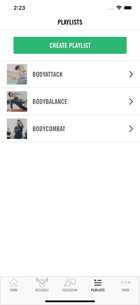 Les Mills Releases - Les Mills Releases 앱 플레이리스트 화면에 BodyAttack, BodyBalance, BodyCombat 카테고리가 표시됩니다.
