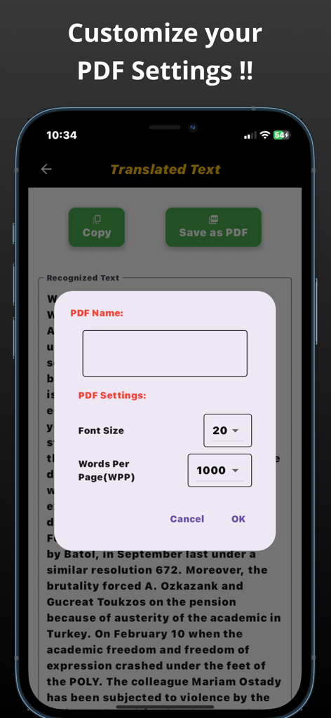 Interface for customizing PDF export settings including font size and words per page in the document translation app