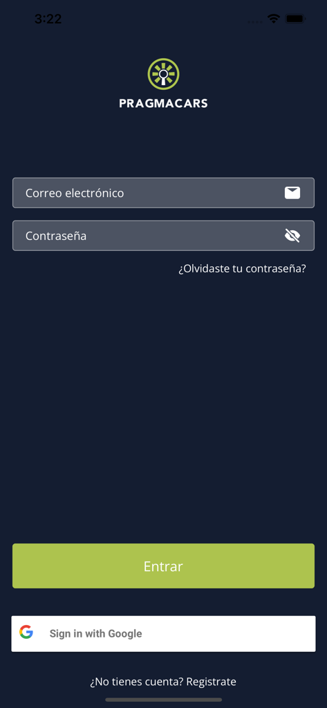 Pragmacars - Login screen of the Pragmacars app in Spanish with email and password fields