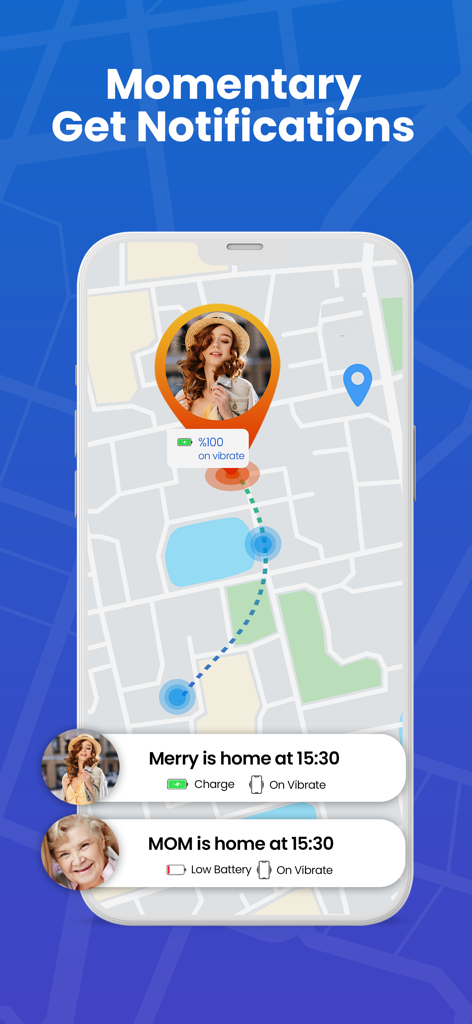A smartphone displaying the GeoLog app interface with real-time map tracking and arrival notifications for family members including battery and phone status.