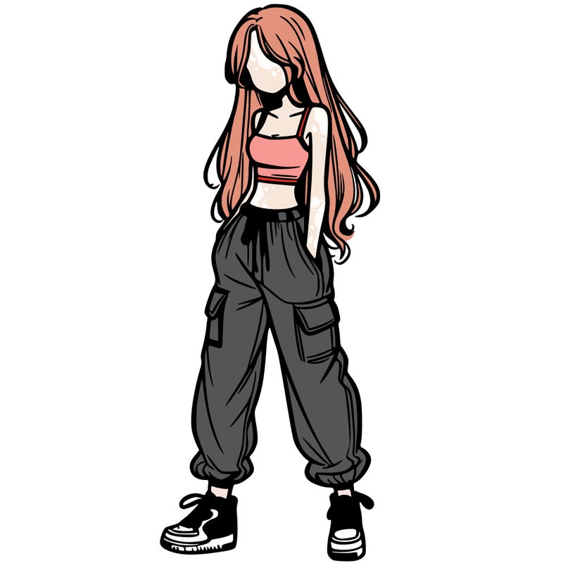 girl in baggy pants crop top and long hair