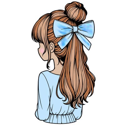 realistic girl  with hip length hair a bun and a big bow on the back of head