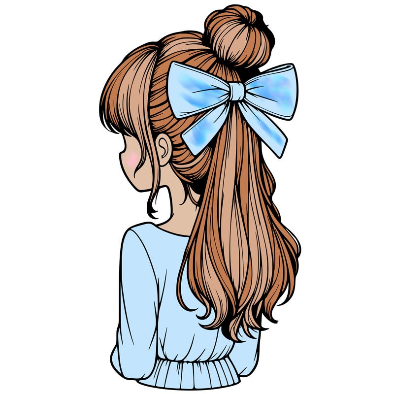 realistic girl  with hip length hair a bun and a big bow on the back of head
