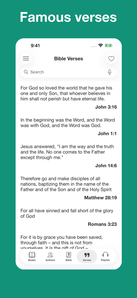 Christian Classics Books - Ein mobiler Bildschirm aus der App Christliche Klassiker Bücher, der eine Liste berühmter Bibelverse wie Johannes 3:16 und Johannes 1:1 mit einer Suchleiste anzeigt.