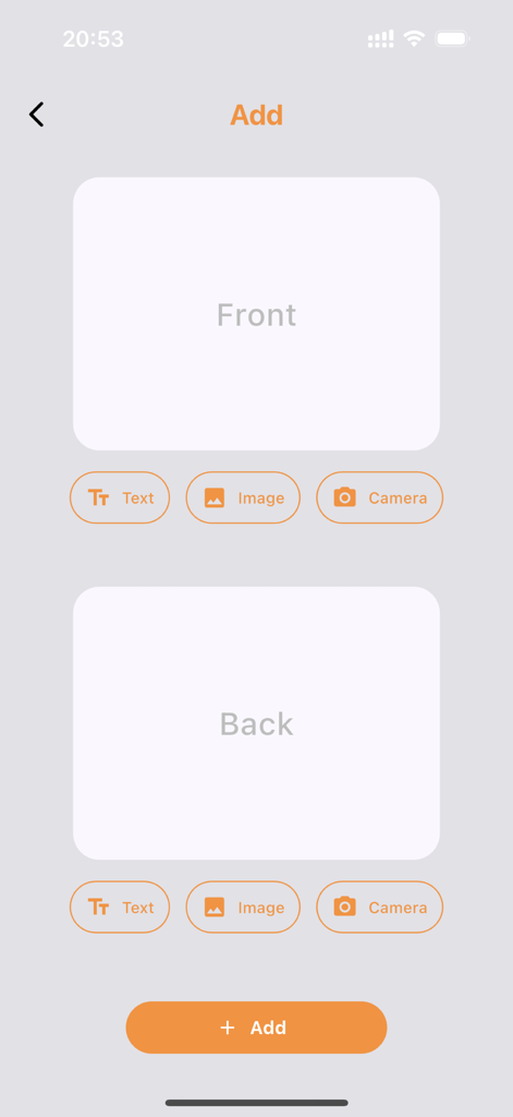 Interface para adicionar manualmente um novo flashcard com opções de frente e verso para texto e imagens