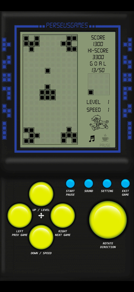 Brick Game - Retro Games - Une interface de jeu mobile imitant une console de poche classique des années 90 avec des boutons jaunes et un écran de puzzle de blocs monochromatique.