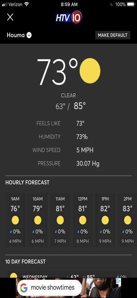 Tela do aplicativo móvel HTV10 exibindo a previsão do tempo local para Houma, Louisiana