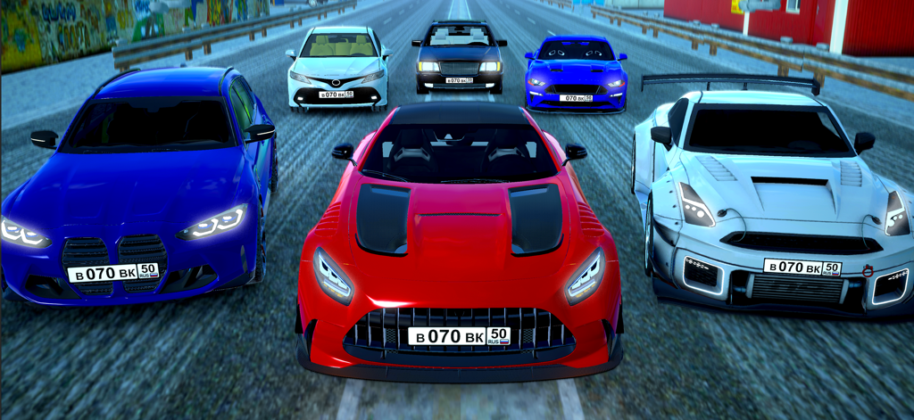 Caucasus Traffic Racer - A lineup of several realistic sports and tuned cars on a city highway in Caucasus Traffic Racer.