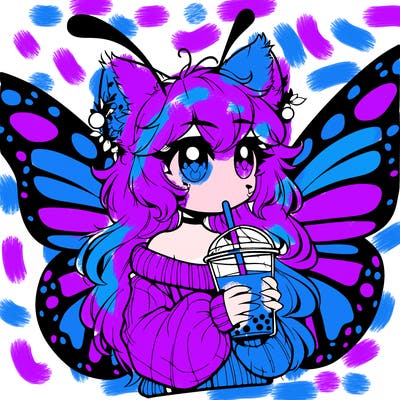 a realistic butterfly/furry girl drinking boba