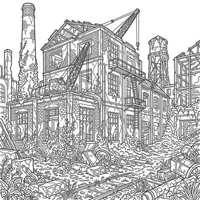 Uncover the captivating beauty of abandonment with this detailed industrial ruins coloring page, perfect for seniors. Its clear outlines and intricate details offer a relaxing and cognitively stimulating artistic experience.