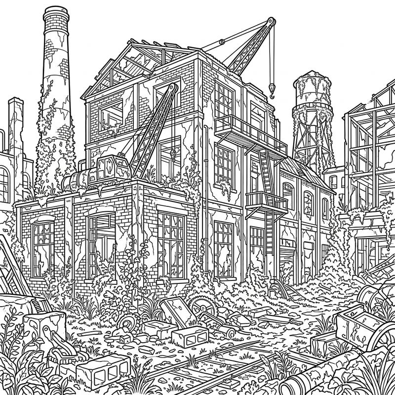 Uncover the captivating beauty of abandonment with this detailed industrial ruins coloring page, perfect for seniors. Its clear outlines and intricate details offer a relaxing and cognitively stimulating artistic experience.
