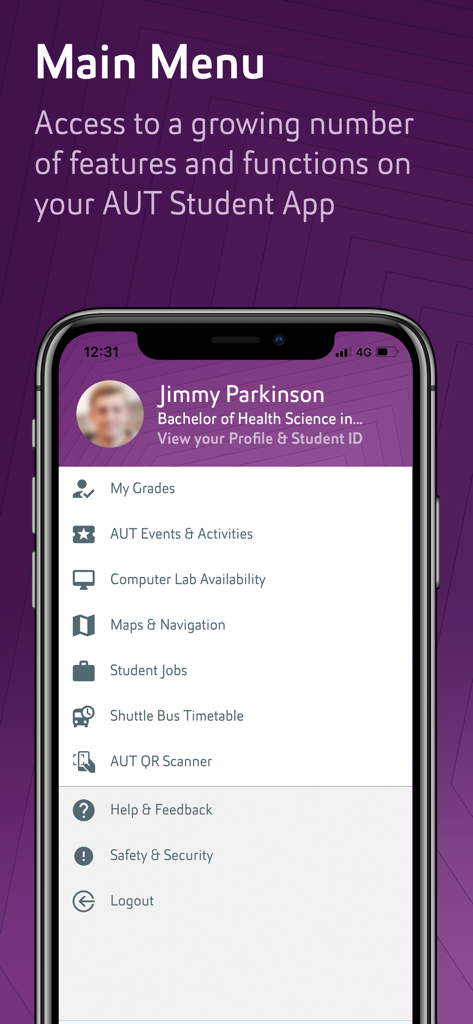 AUT - Main menu screen of the AUT student app on a smartphone showing navigation options for grades, campus maps, and shuttle schedules.