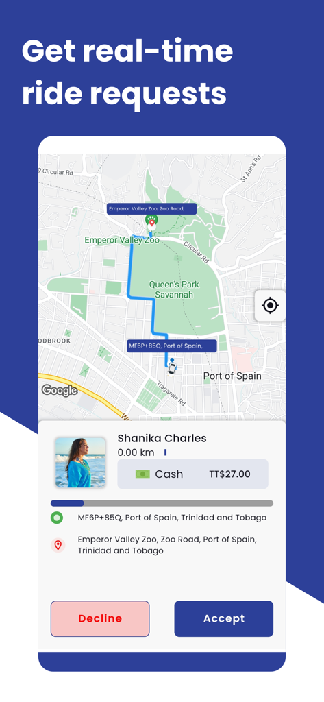 A screenshot of the TrucabTT Driver app showing a real-time ride request screen with a map and passenger details