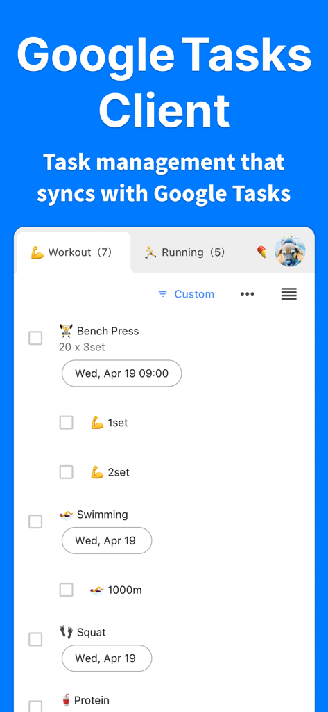 Pantalla de la aplicación móvil mostrando una lista de tareas de entrenamiento sincronizada con Google Tasks