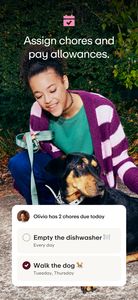 Greenlight Kids & Teen Banking - Teenage girl with her dog next to a digital chore list for earning allowances in the Greenlight app