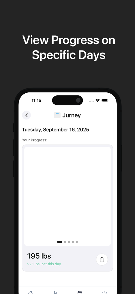 Jurney: Track Your Weight Loss - Mobile screen of Jurney app displaying weight progress and stats for a specific day.