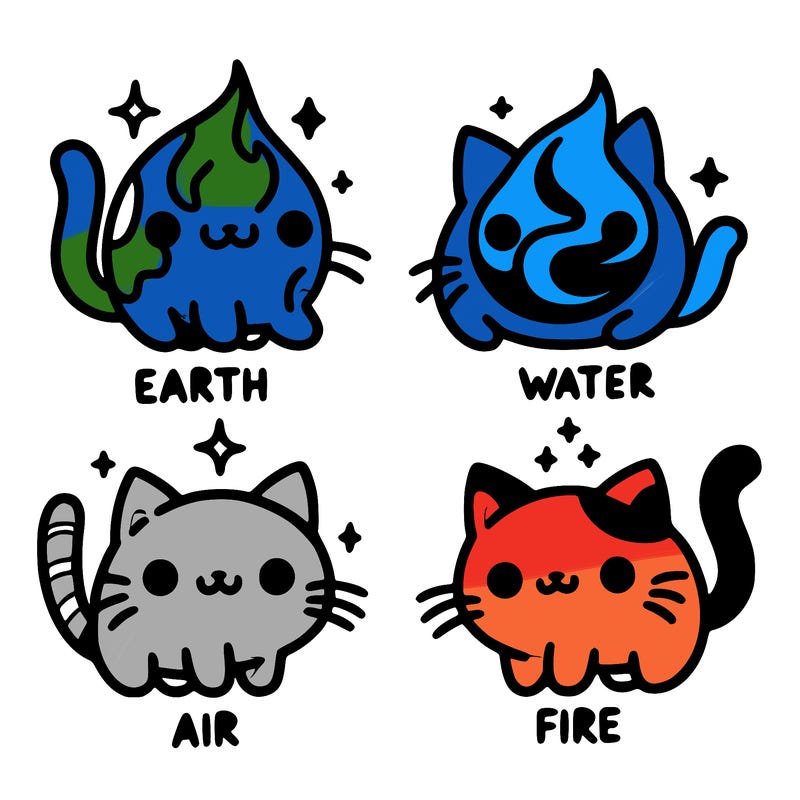 4 cats that represent the different elements, earth, water, air, and fire