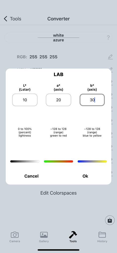Colorimeter App - Tela de conversão do espaço de cores LAB mostrando entradas de luminosidade e eixo de cor