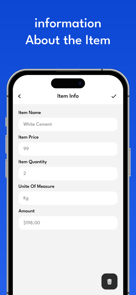 Invoice Maker & Quotation - A mobile app screen showing the item information entry form for a professional invoice including item name, price, quantity, and unit of measure.